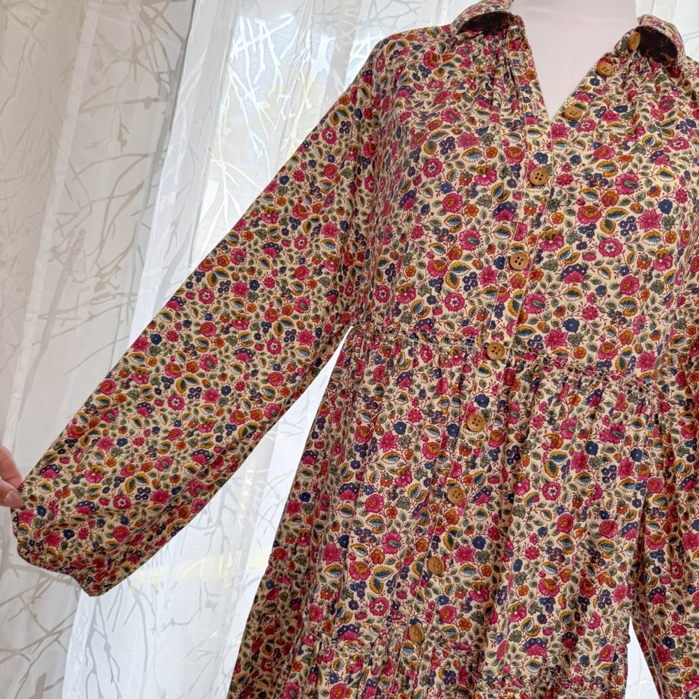 byTiMo cream pink floral print long sleeve button up poplin maxi dress - Picture 3 of 16